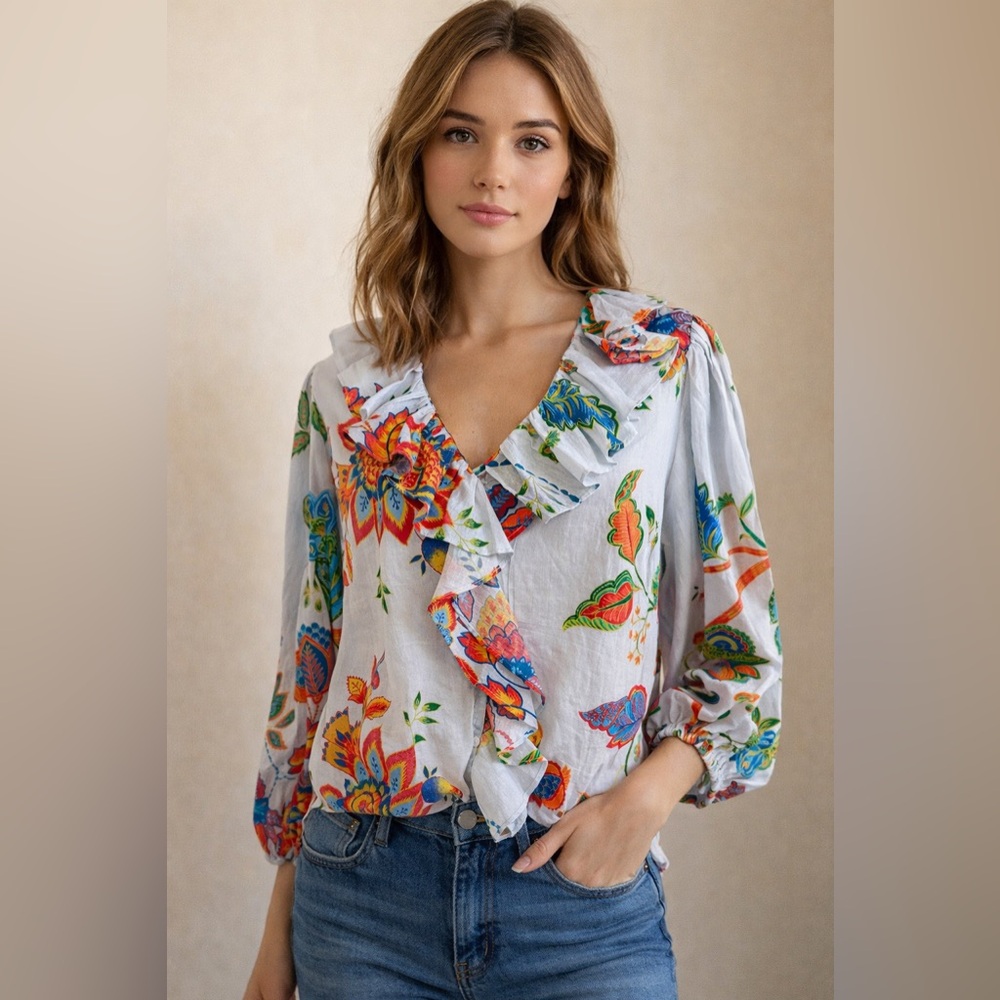 New Chelsea & Violet Colorful Floral Ruffle Blouse